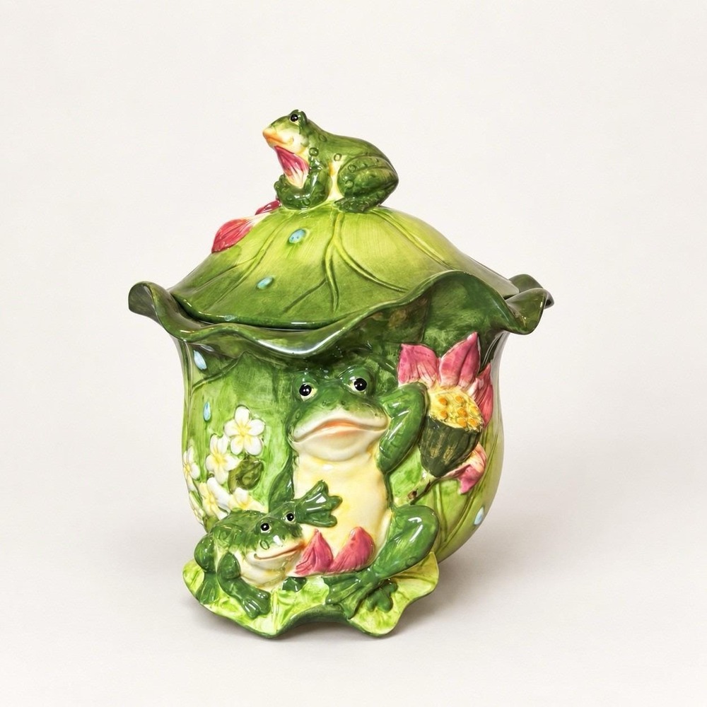 Ceramic Frog Cookie Jar Lily Pad Floral Lidded Canister Cottagecore Decor